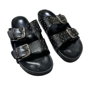 Antenora Black Double Buckle Strap Slide Sandals